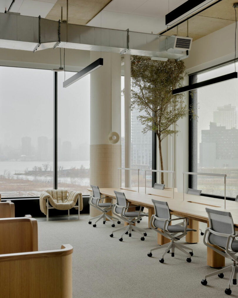 Modern office space with long wooden desks, several gray office chairs, large windows overlooking a cityscape, and a potted tree near the window.