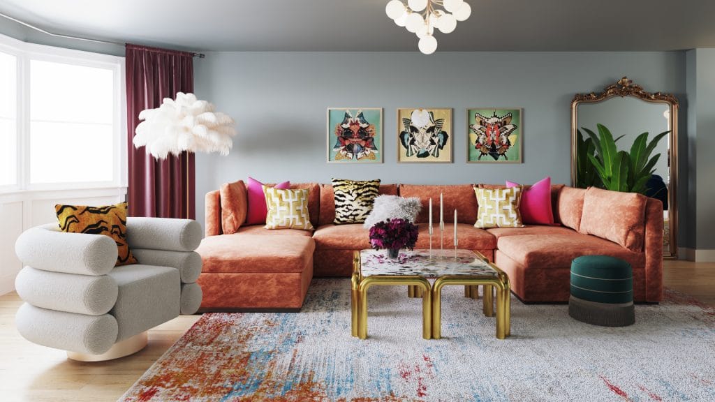 Luxe fabric and daring choices work together in a contemporary eclectic living room by Decorilla