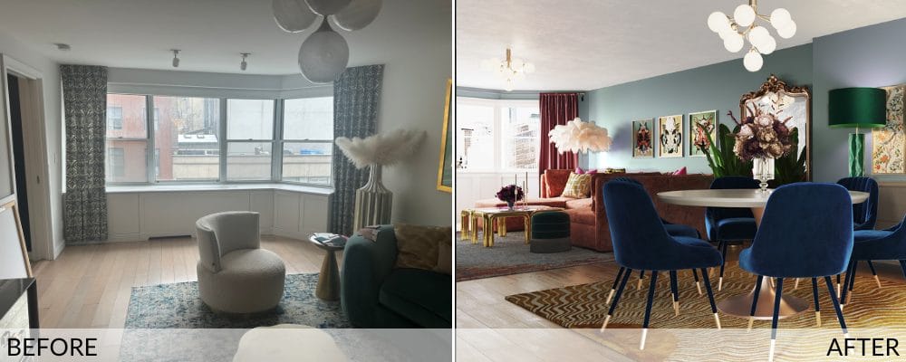 Contemporary eclectic living room before and after design by Decorilla