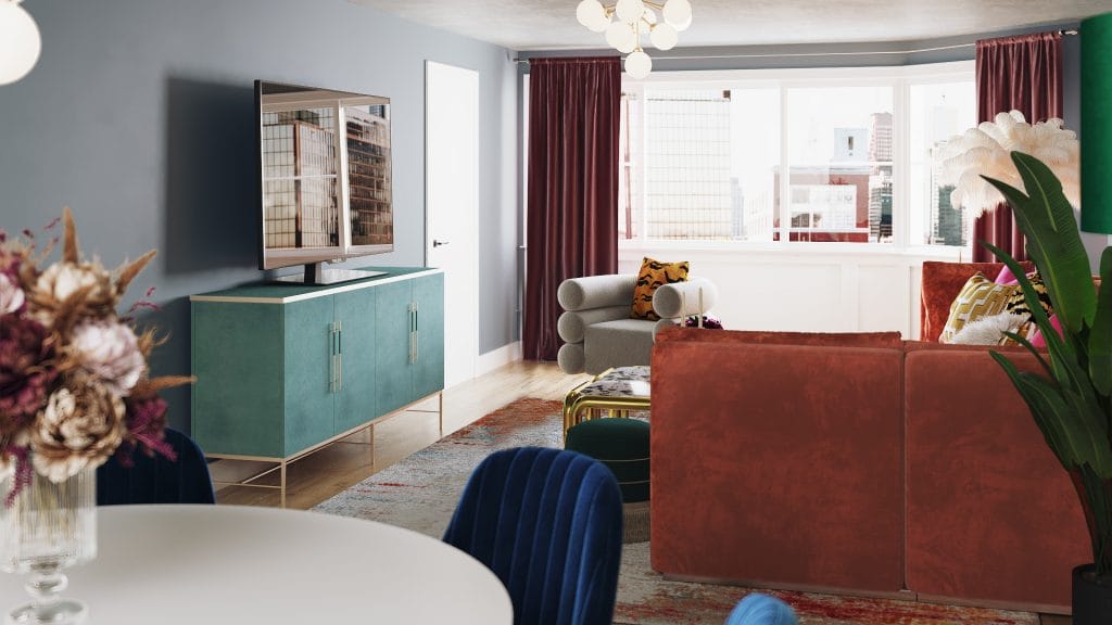 Carefully balanced contrast drives this contemporary eclectic living room by Decorilla