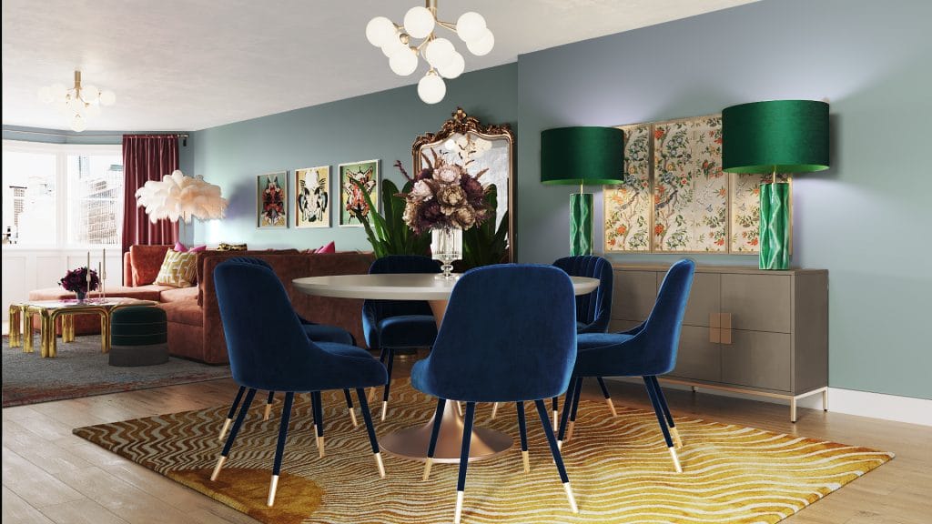 Smart zoning separates lounge and dining in this contemporary eclectic living room by Decorilla