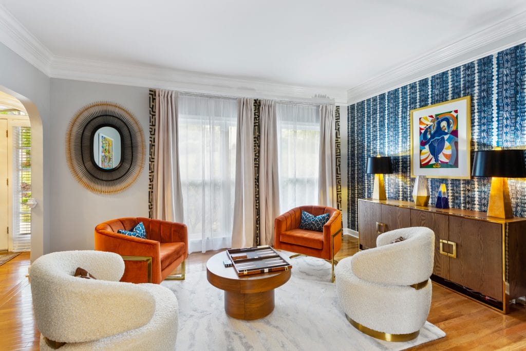 Contemporary eclectic style conversation area by Decorilla designer, Sierra G.