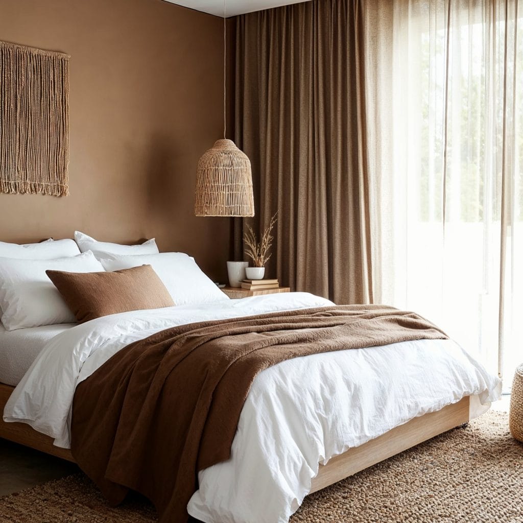 Relaxing earthy bedroom design by Decorilla