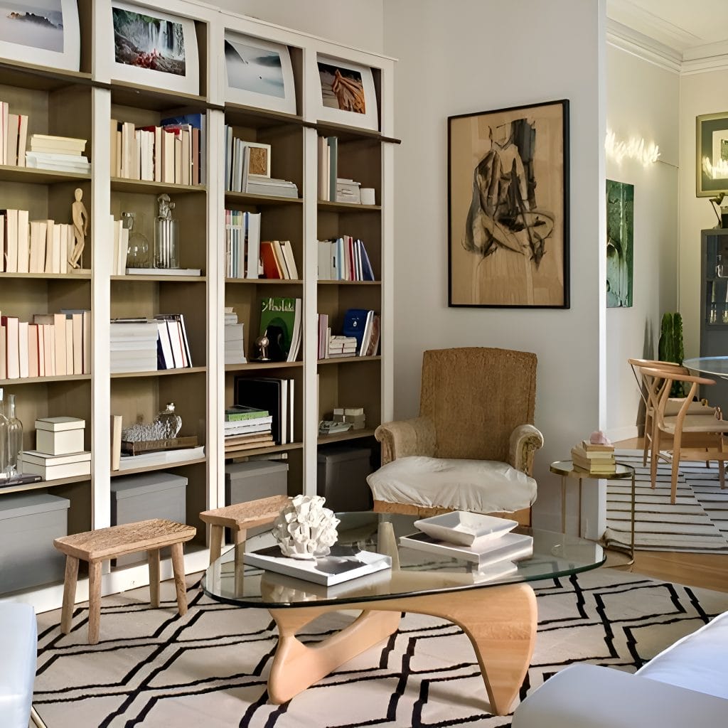 Bookshelf wealth lounge by Decorilla designer, Sarah R.