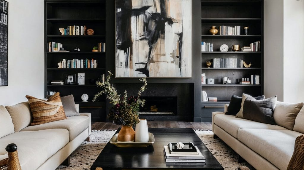 Bookshelf wealth in a black and white living room by Decorilla