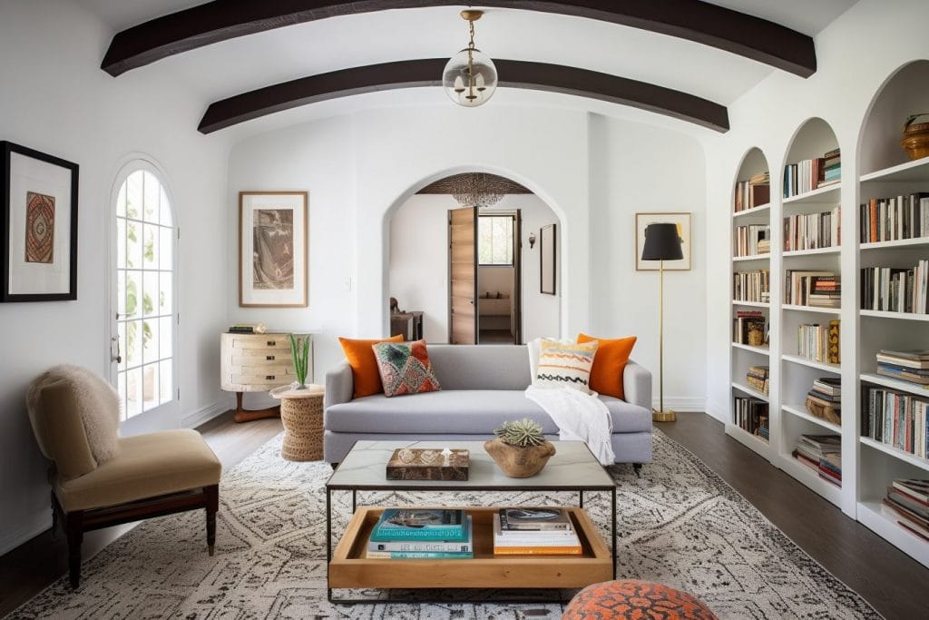 Bookshelf wealth in a transitional living room by Decorilla