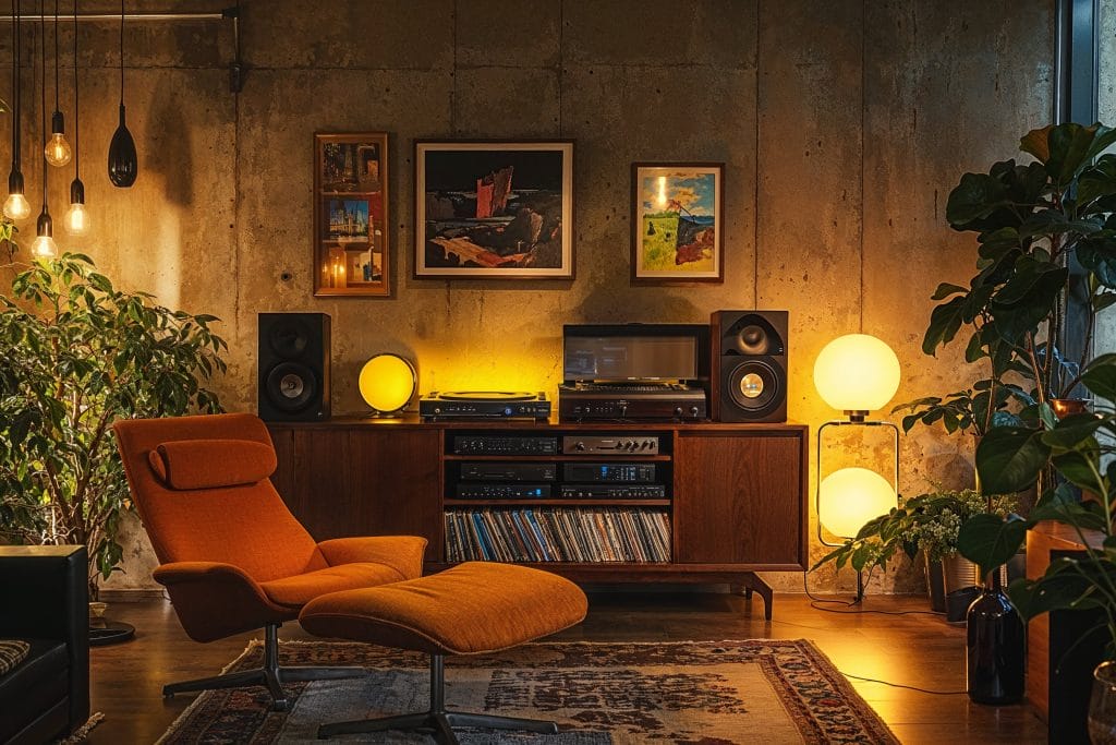 Contemporary living room interior texture with accent lighting by DECORILLA