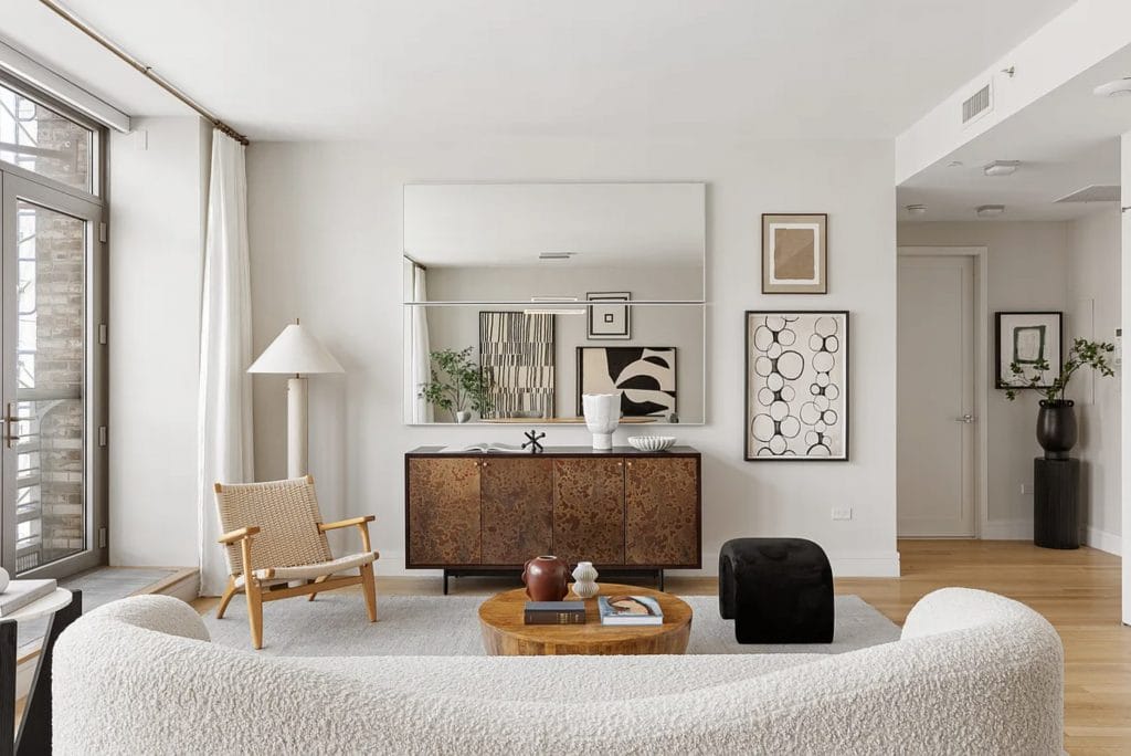 Eclectic contemporary living room with texture in interior design by DECORILLA designer, Leanna S. 