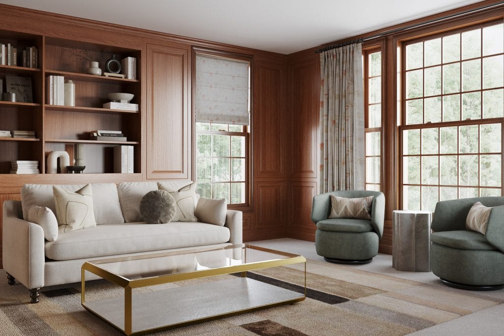 Transitional lounge with interior texture by DECORILLA designer, Sarah R.