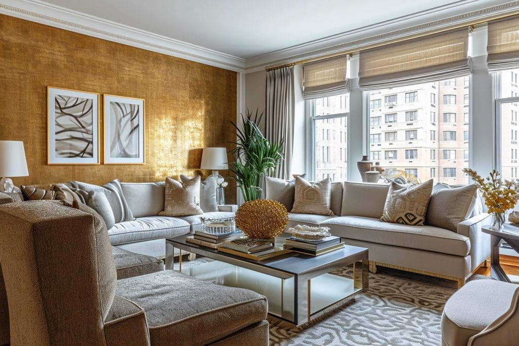 Glamorous modern living room with visual types of texture by DECORILLA
