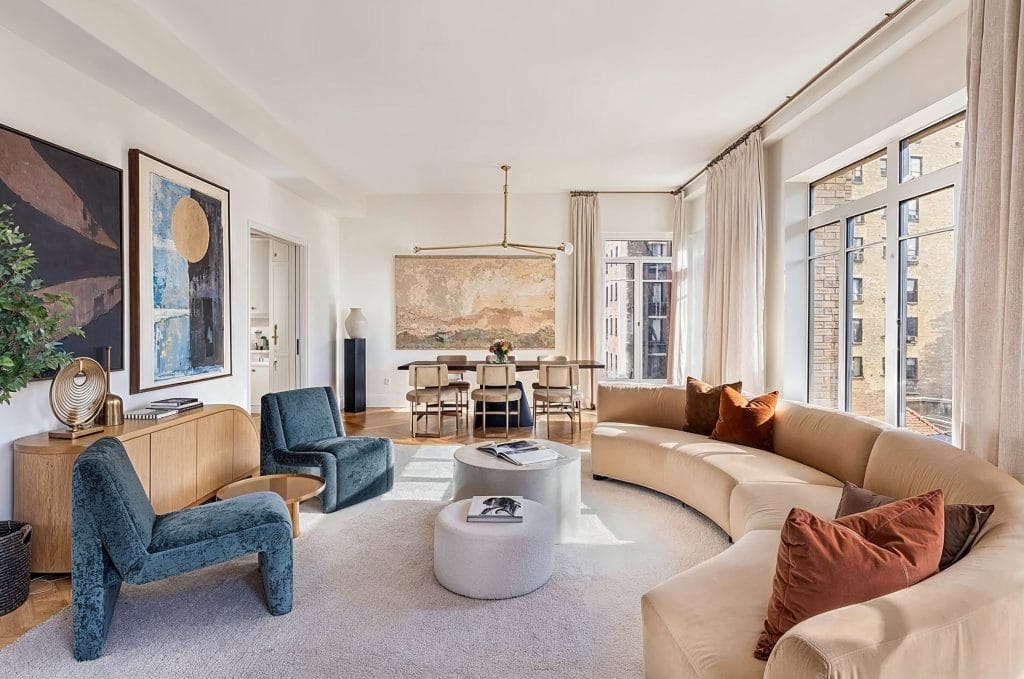 Contemporary living room with layered texture in interior design by DECORILLA
