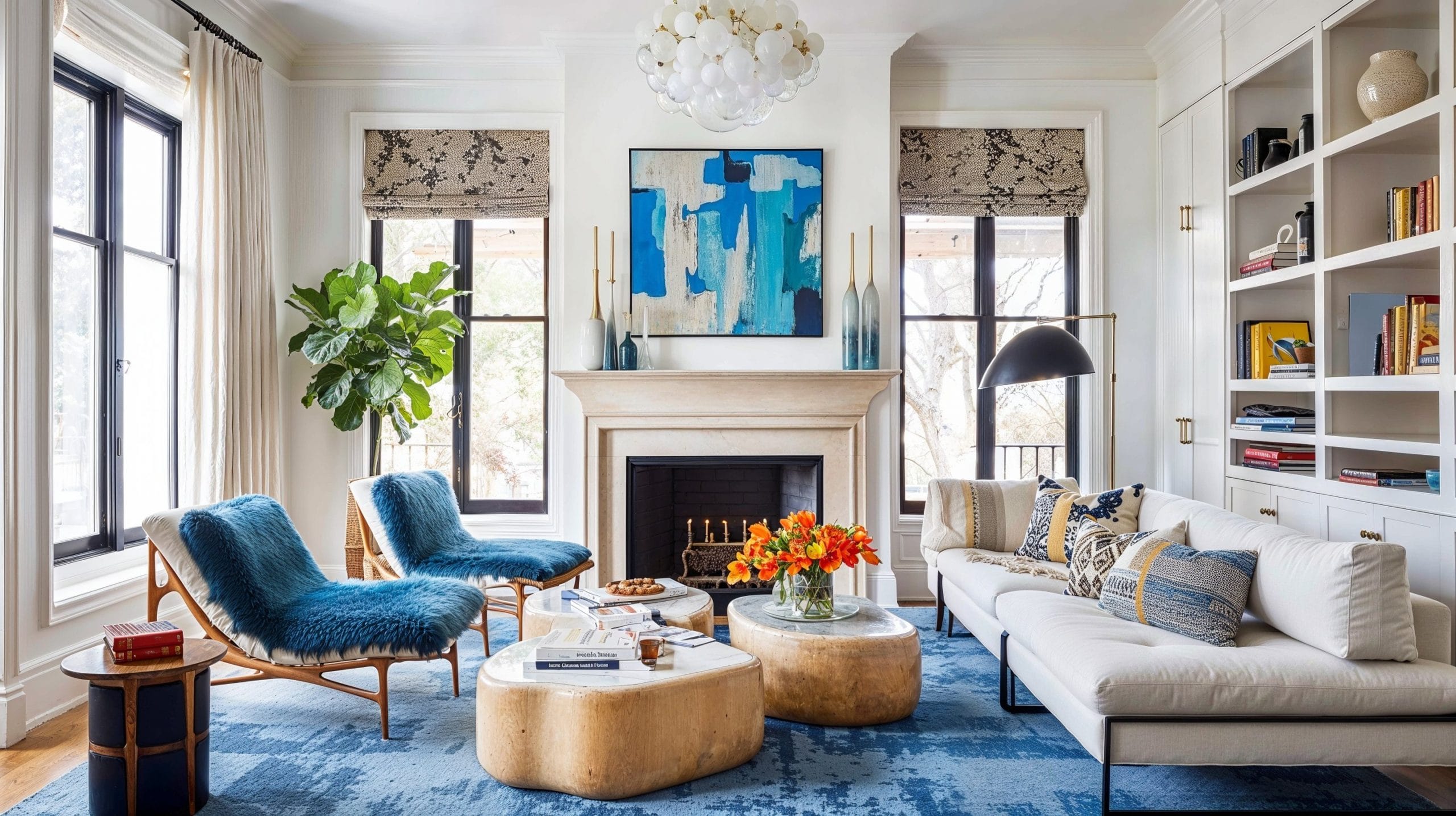 Transitional blue sitting room layout by DECORILLA