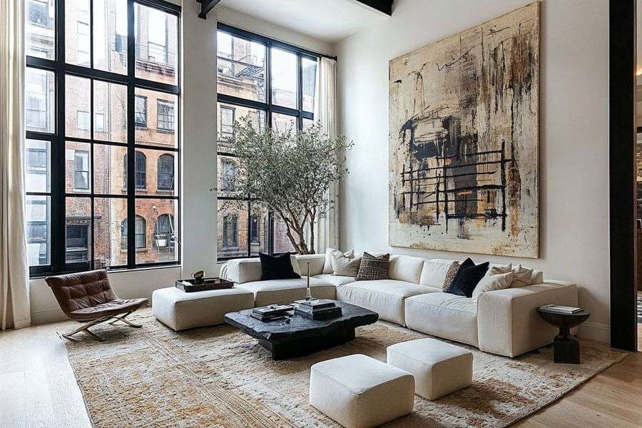 Modern boho living room in warm minimalist design by DECORILLA