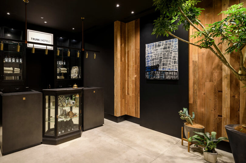 Modern hotel lobby featuring black walls, wood paneling, a glass display case, potted plants, and abstract wall art. The TRUNK(HOTEL) CAT STREET sign is visible, adding to the stylish and contemporary atmosphere