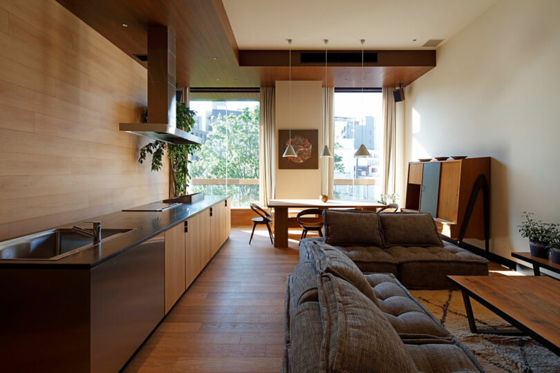 Modern open-plan living space at TRUNK(HOTEL) CAT STREET, featuring wood finishes, a kitchen area, dining table, gray sofa, large windows, indoor plants, and abundant natural light streaming in