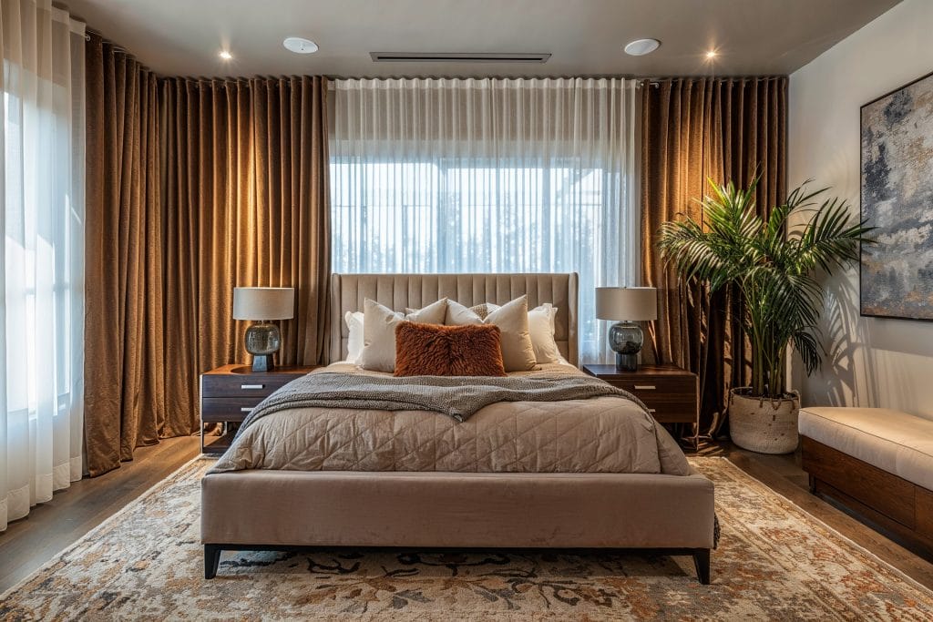 Transitional relaxing bedroom design by DECORILLA