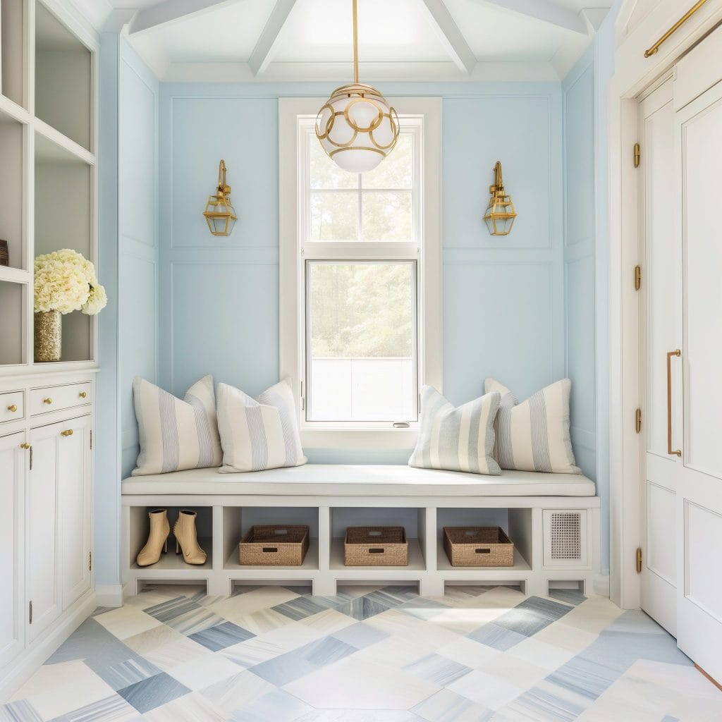 Soft blue walls in a mudroom by Decorilla 