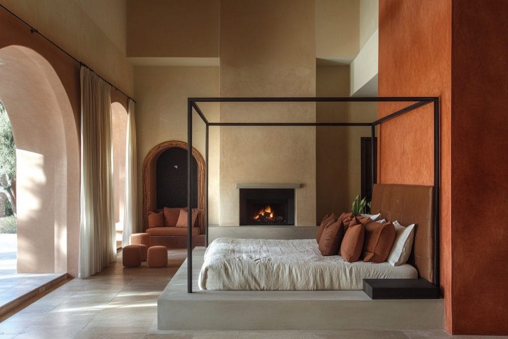 Rust orange accent wall in a bedroom by Decorilla—colors that increase home value