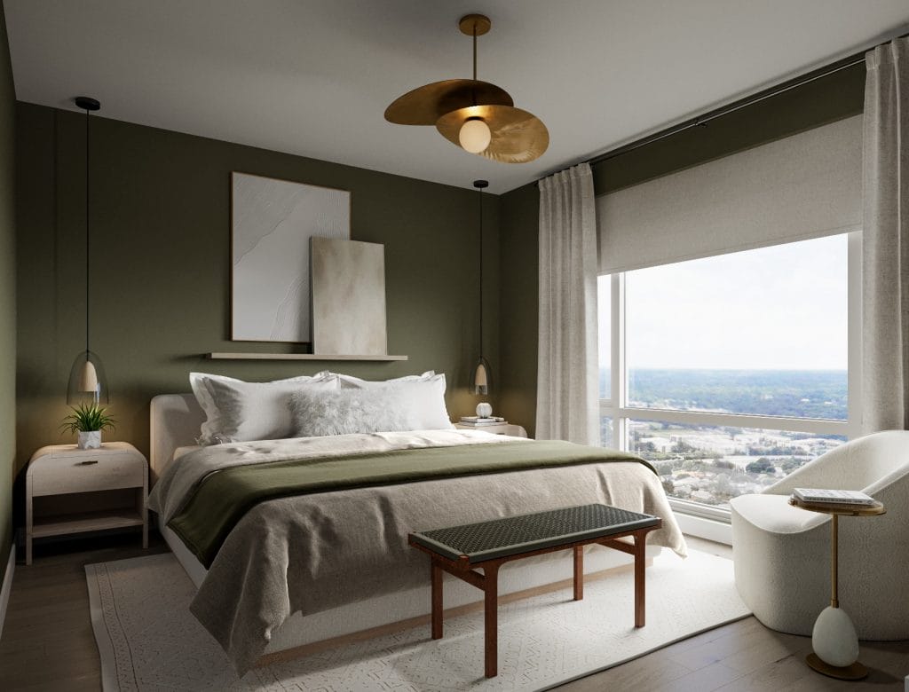 Modern dark green bedroom by Decorilla designer, Rachel H. 