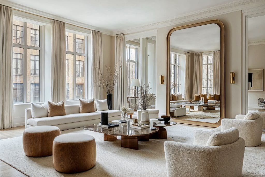 Neutral colors that increase home value in an elegant living room by Decorilla