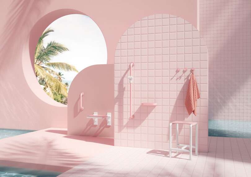 A minimalist pink-tiled bathroom with grab bars, a towel, a stool, and a round window showing a palm tree and blue sky. Sunlight casts soft shadows across the scene.