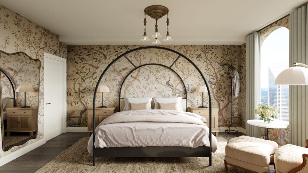 The mural becomes architecture in this classic contemporary bedroom decor by Decorilla