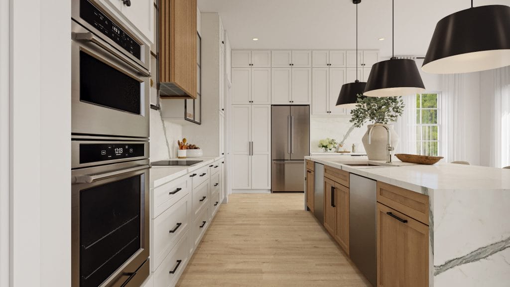 A calm palette brings depth to this warm modern kitchen interior design by Decorilla