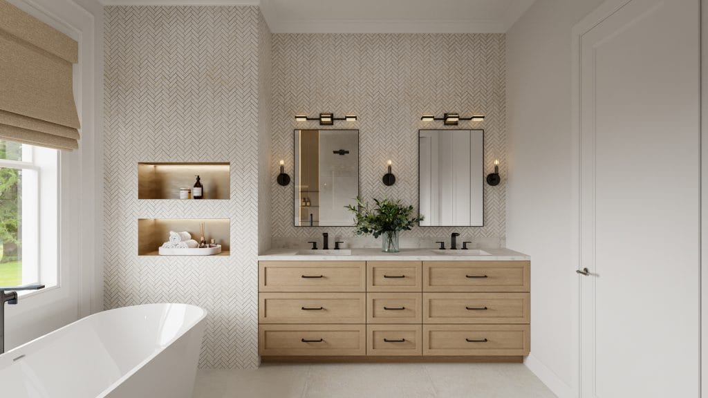 Minimal hardware and maximal storage in a modern warm bathroom by Decorilla