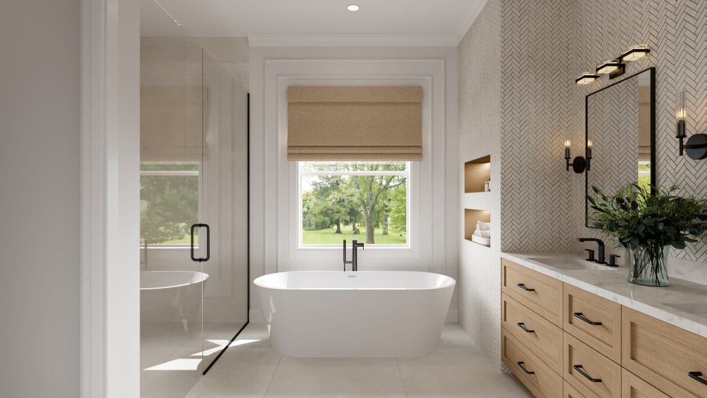 Wall-to-wall tile emphasizes the seamless flow of a modern warm bathroom by Decorilla