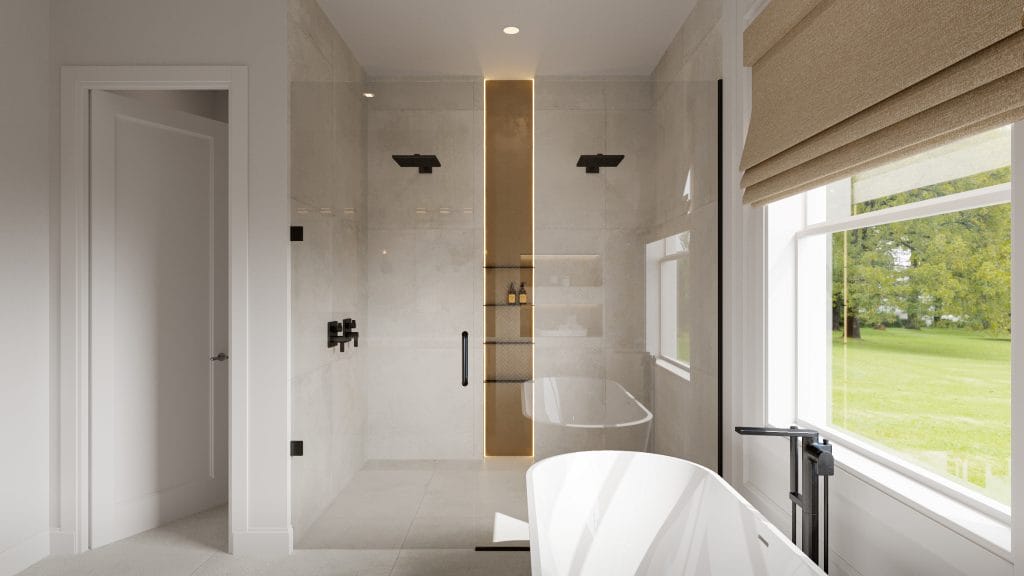 Clear zoning and curated materials in a modern warm bathroom by Decorilla