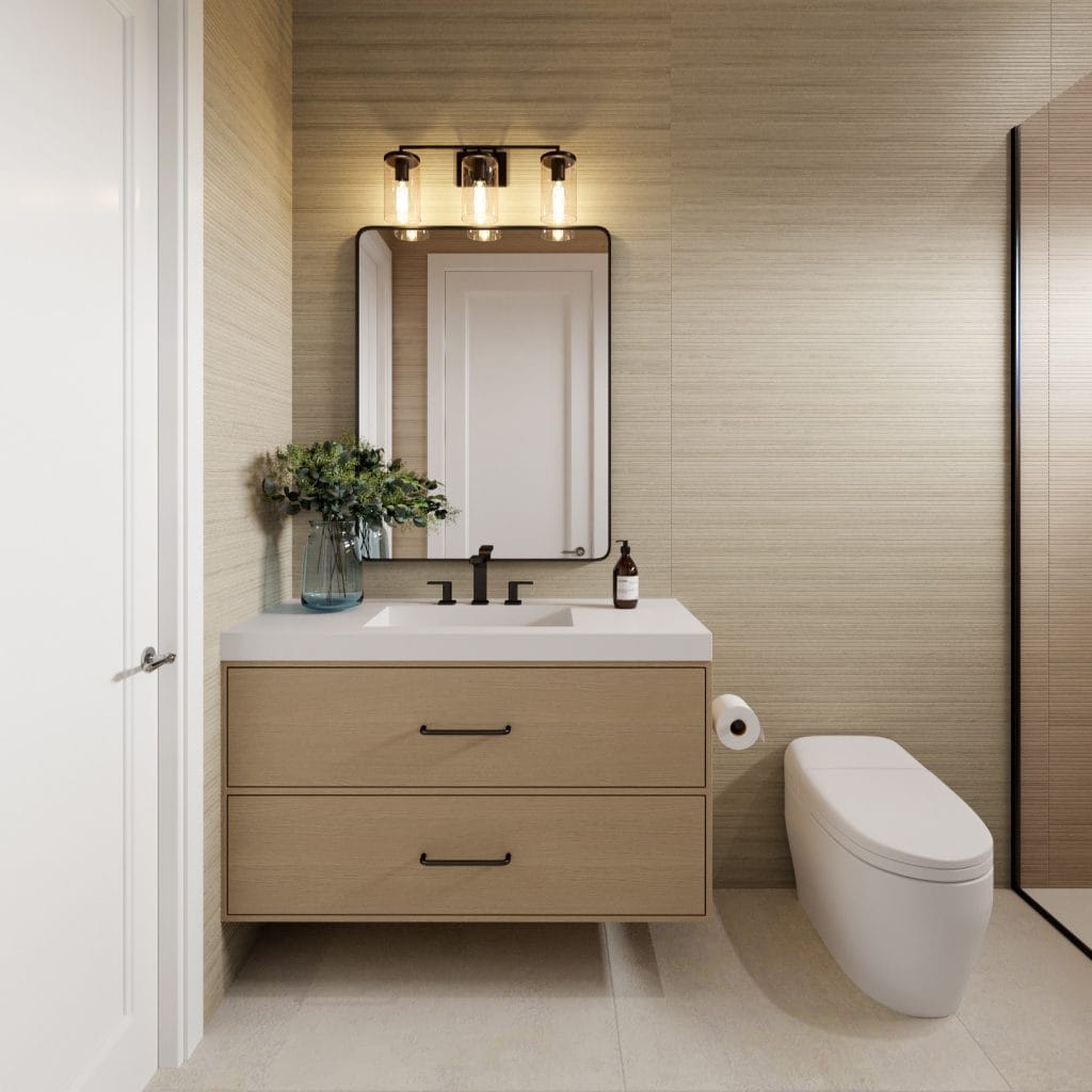 Soft neutrals and warm lighting create mood in a modern bathroom by Decorilla