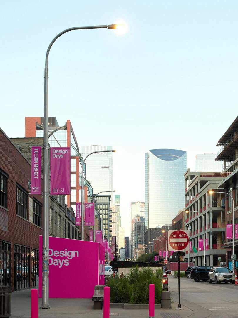 City street lined with pink 