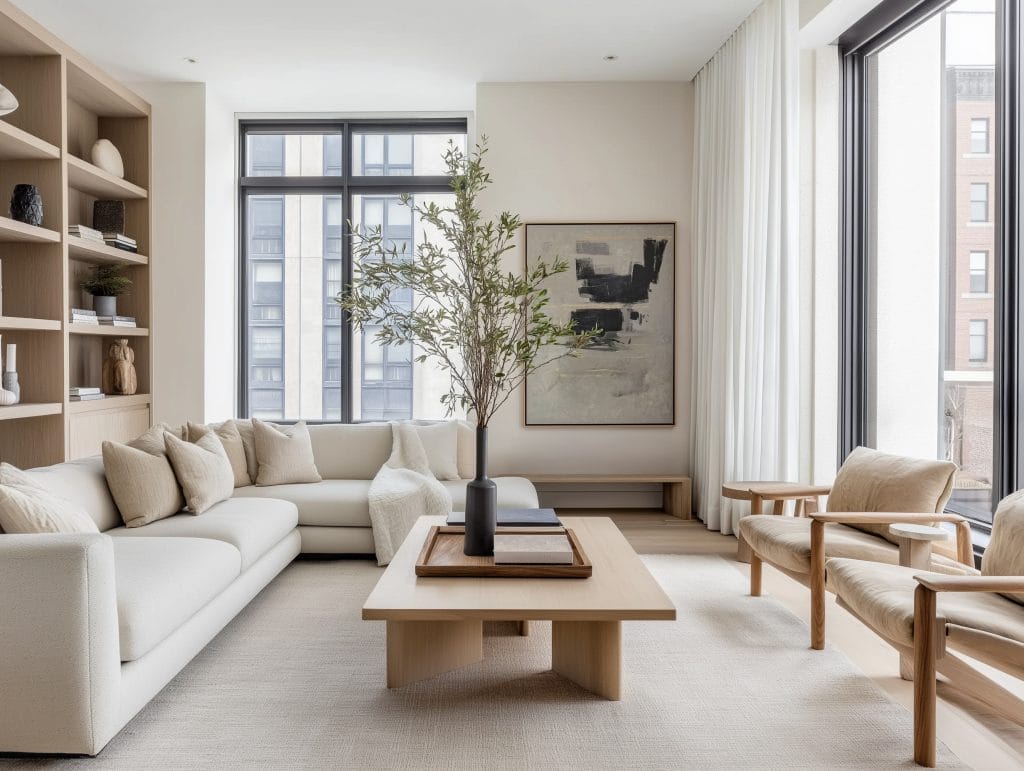Organic neutral modern apartment decor in a living room by Decorilla designer, Matthew J.