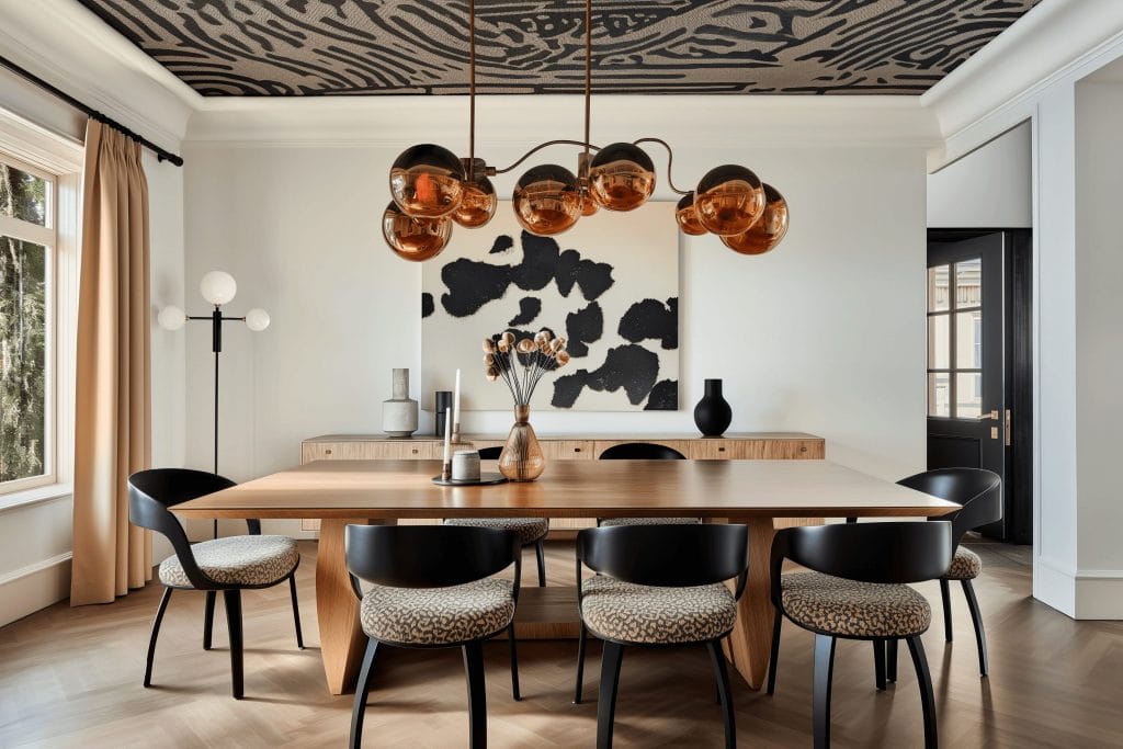 Cow print decor as a wall art in a dining room by Decorilla