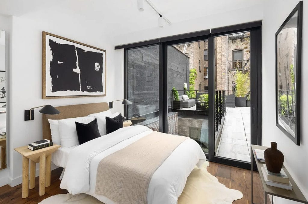 Contemporary bedroom with subtle cowprint decor be Decorilla designer, Leanna S. 