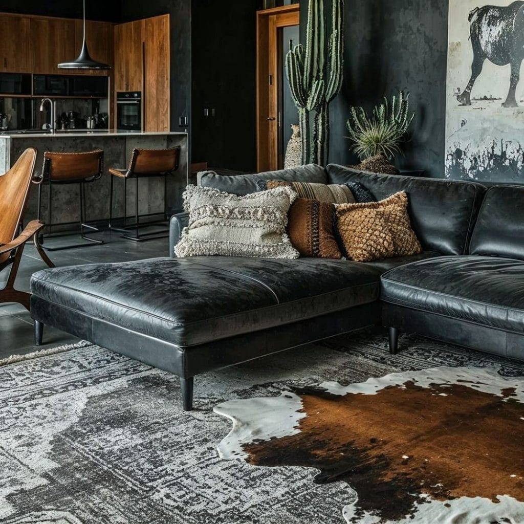 Cow print trend in a rustic living room by Decorilla