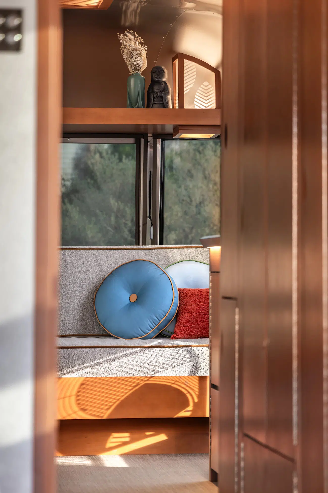 Living area detail in Frank Lloyd Wright Usonian Travel Trailer with Airstream