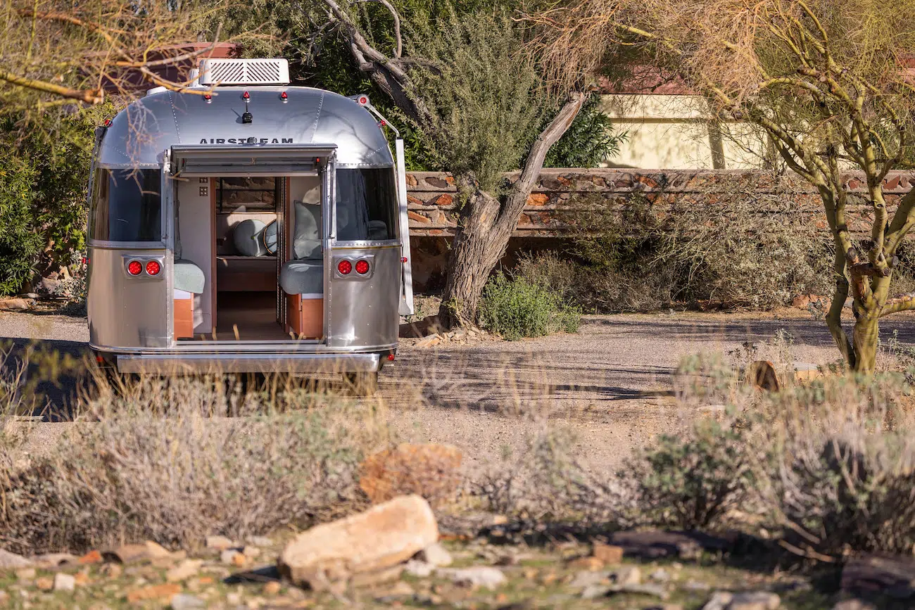 Outside of Frank Lloyd Wright Usonian Travel Trailer with Airstream