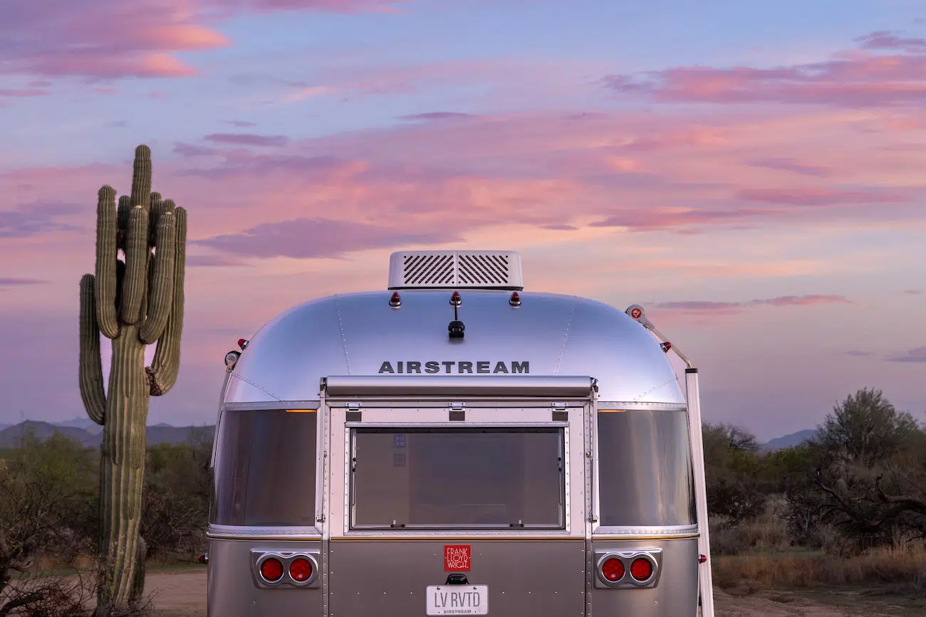 Outside of Frank Lloyd Wright Usonian Travel Trailer with Airstream