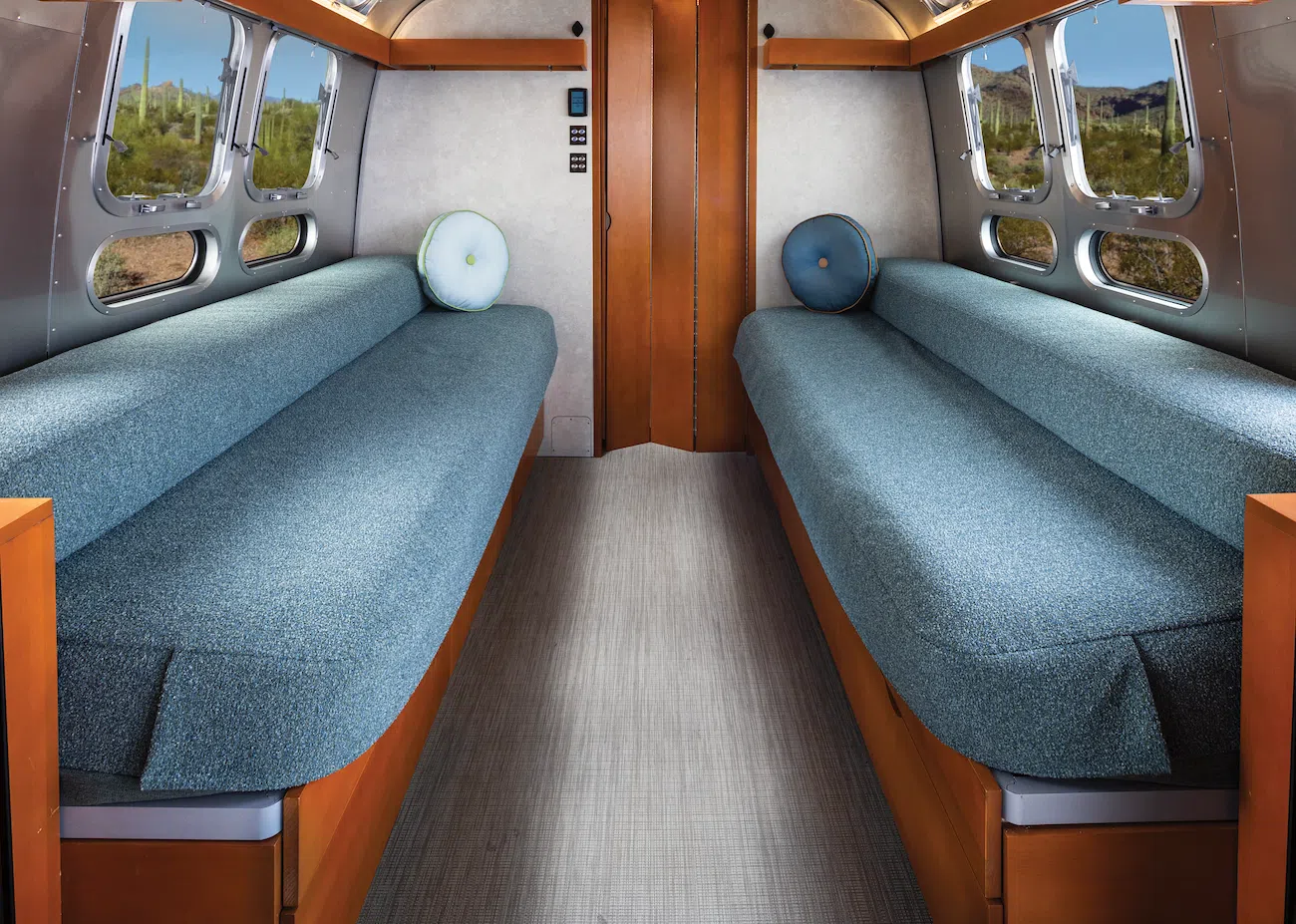 Twin beds in Frank Lloyd Wright Usonian Travel Trailer with Airstream