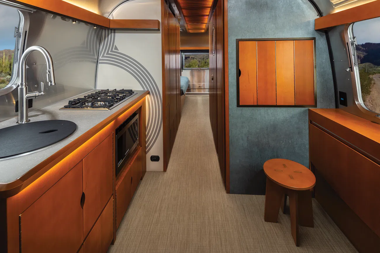 Kitchen area in Frank Lloyd Wright Usonian Travel Trailer with Airstream