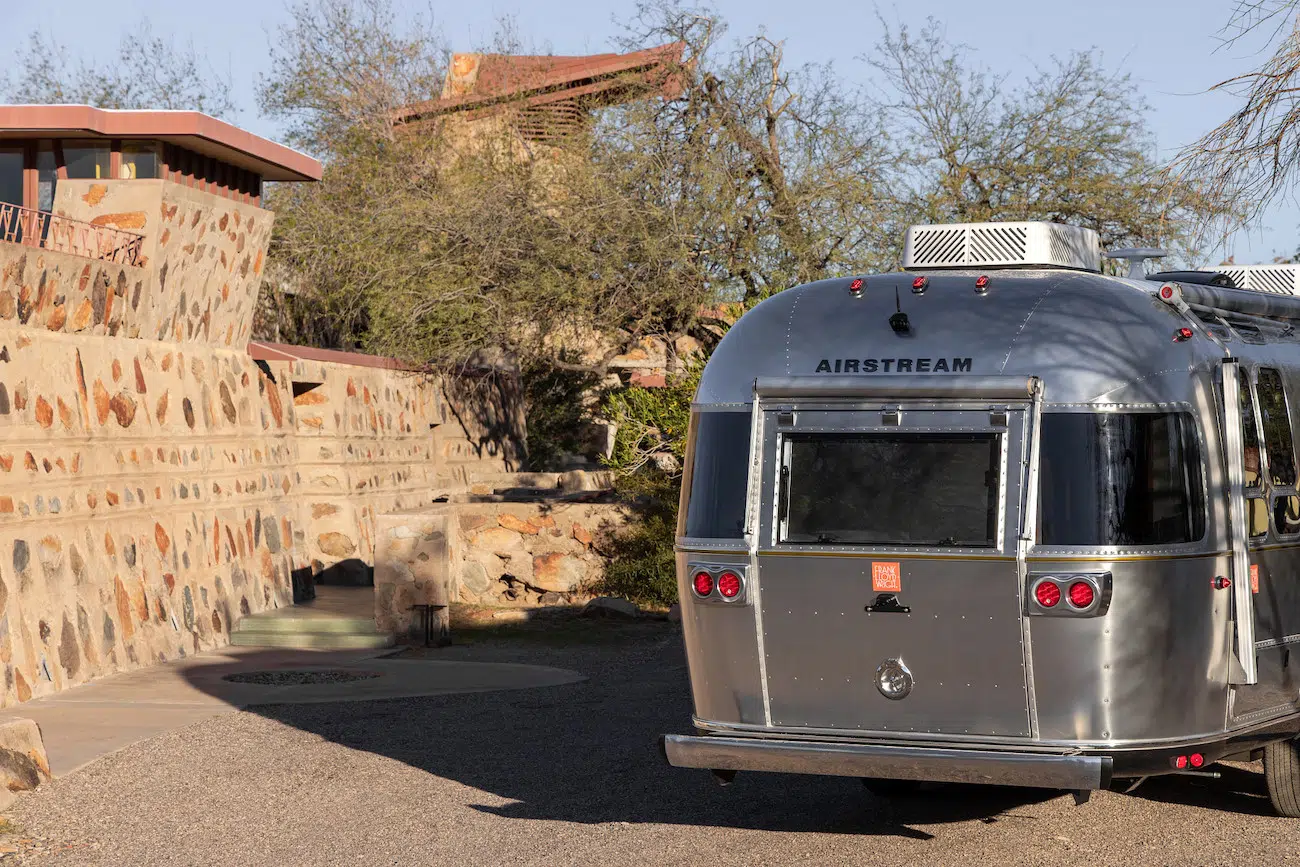 Outside of Frank Lloyd Wright Usonian Travel Trailer with Airstream