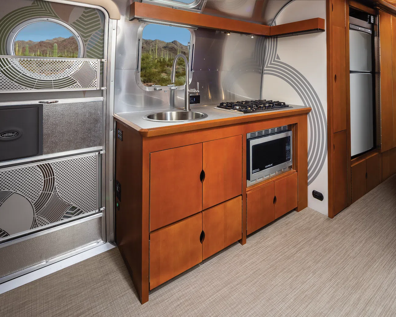 Kitchen detail in Frank Lloyd Wright Usonian Travel Trailer with Airstream