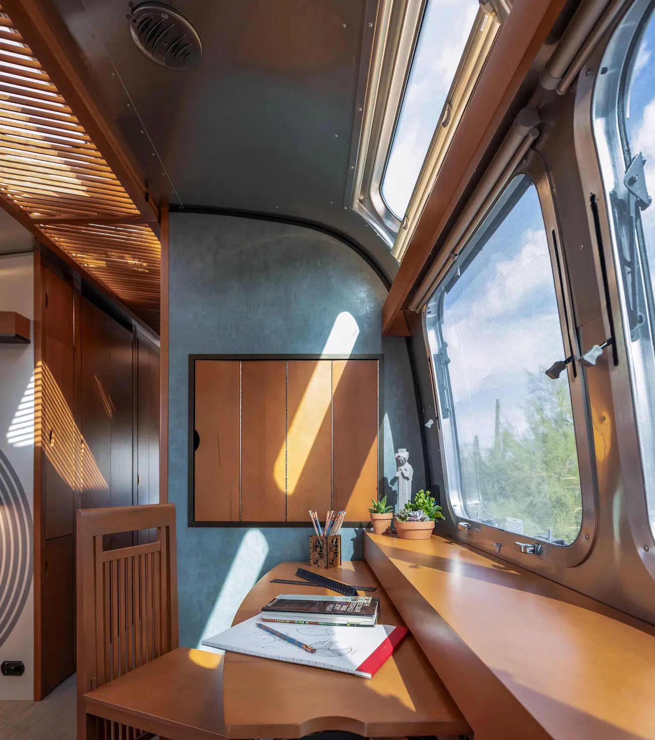 Desk area in Frank Lloyd Wright Usonian Travel Trailer with Airstream