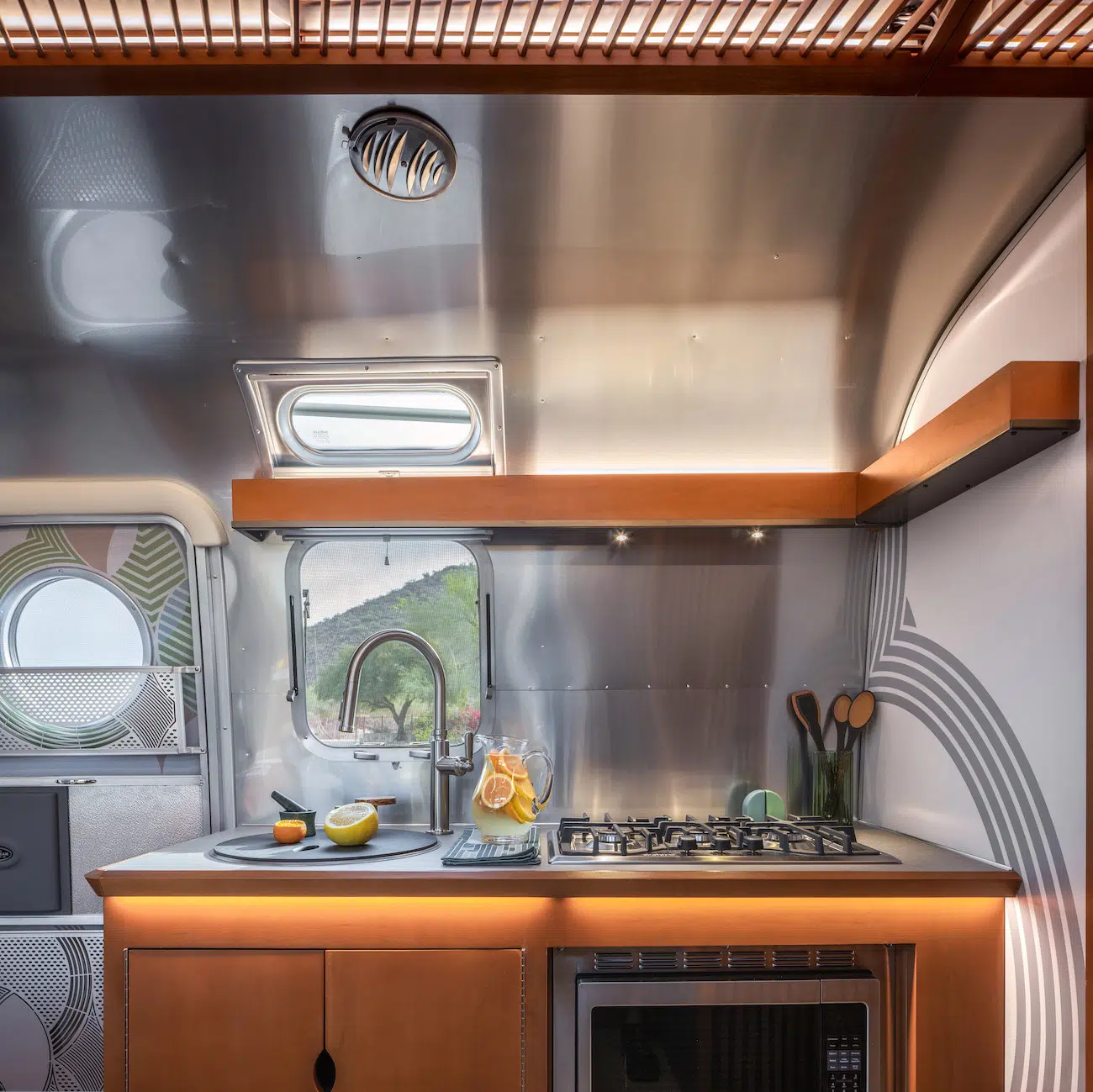 Kitchen area in Frank Lloyd Wright Usonian Travel Trailer with Airstream