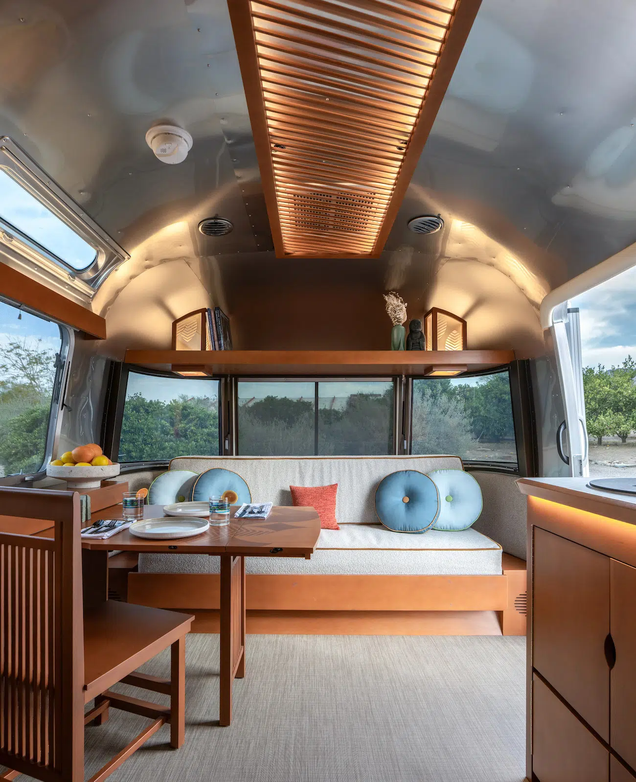 Interior shot of Frank Lloyd Wright Usonian Travel Trailer with Airstream