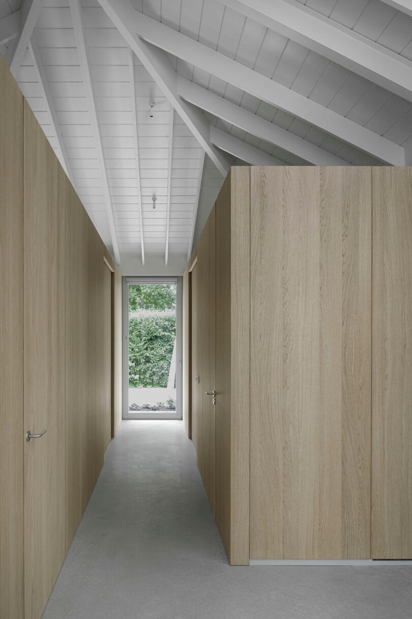 Minimalist hallway with light wood paneled walls, white vaulted ceiling with exposed beams, and a concrete floor, leading to a glass door with a view of greenery outside.