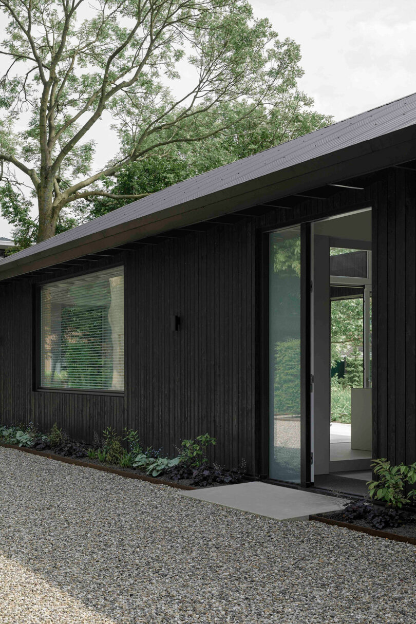 A modern black wooden house with large windows sits beside a gravel path, with a glass door open to reveal a bright interior and greenery outside.
