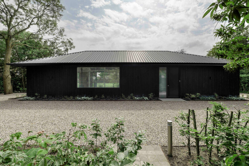 A modern, single-story black house with a large window and minimalist landscaping, set on a gravel lot surrounded by greenery and trees.