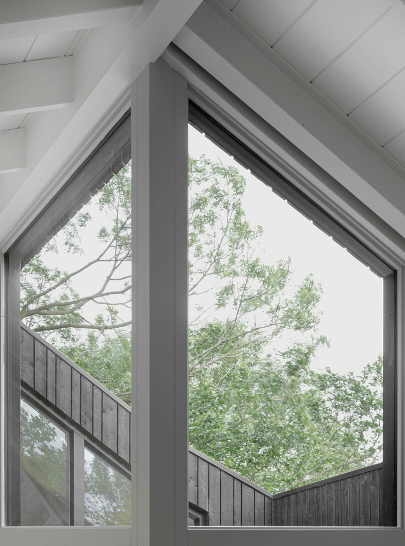 Large triangular window in a modern building frames a view of green trees and part of a wooden roof under an overcast sky.